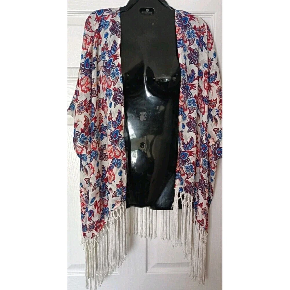 Forever 21 Fringe Kimono Cover Up Size Medium Boho Floral Festival Chiffon